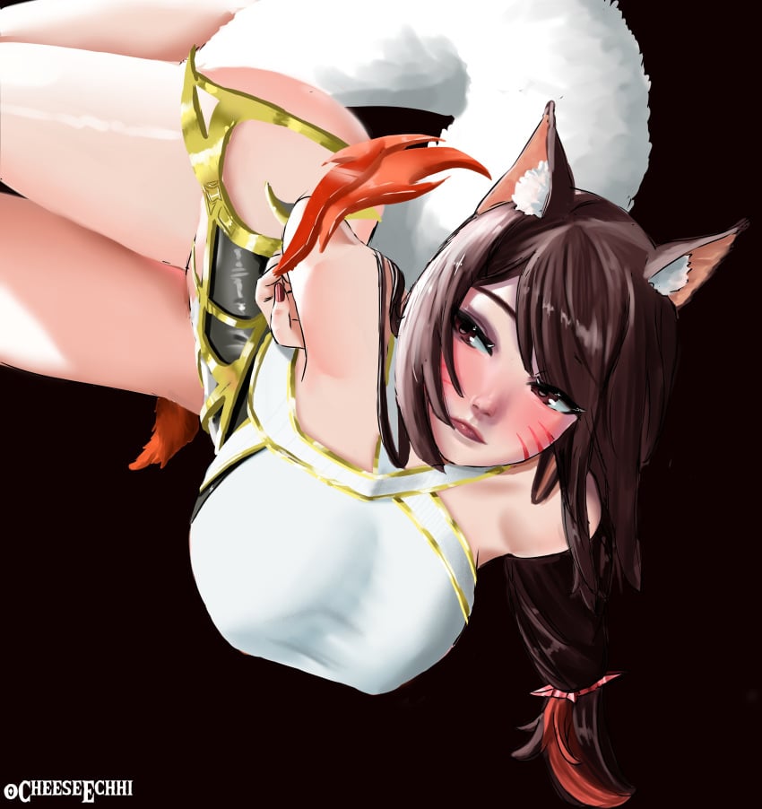 9_tails ahri animal_ear_fluff animal_ears animal_girl big_breasts black_hair bondage breasts busty cheeseechhi cleavage clothing curvaceous curves curvy curvy_body curvy_female curvy_figure curvy_hips eyelashes eyeliner eyeshadow facial_markings female fluffy fluffy_ears fluffy_tail fluffy_tails fox fox_ears fox_girl fox_tail furry_tail hips humanoid inner_ear_fluff kemonomimi kitsune league_of_legends light-skinned_female light_skin long_hair multiple_tails nine_tailed_fox pale-skinned_female pale_skin riot_games risen_legend_ahri tail vastaya video_games yellow_eyes