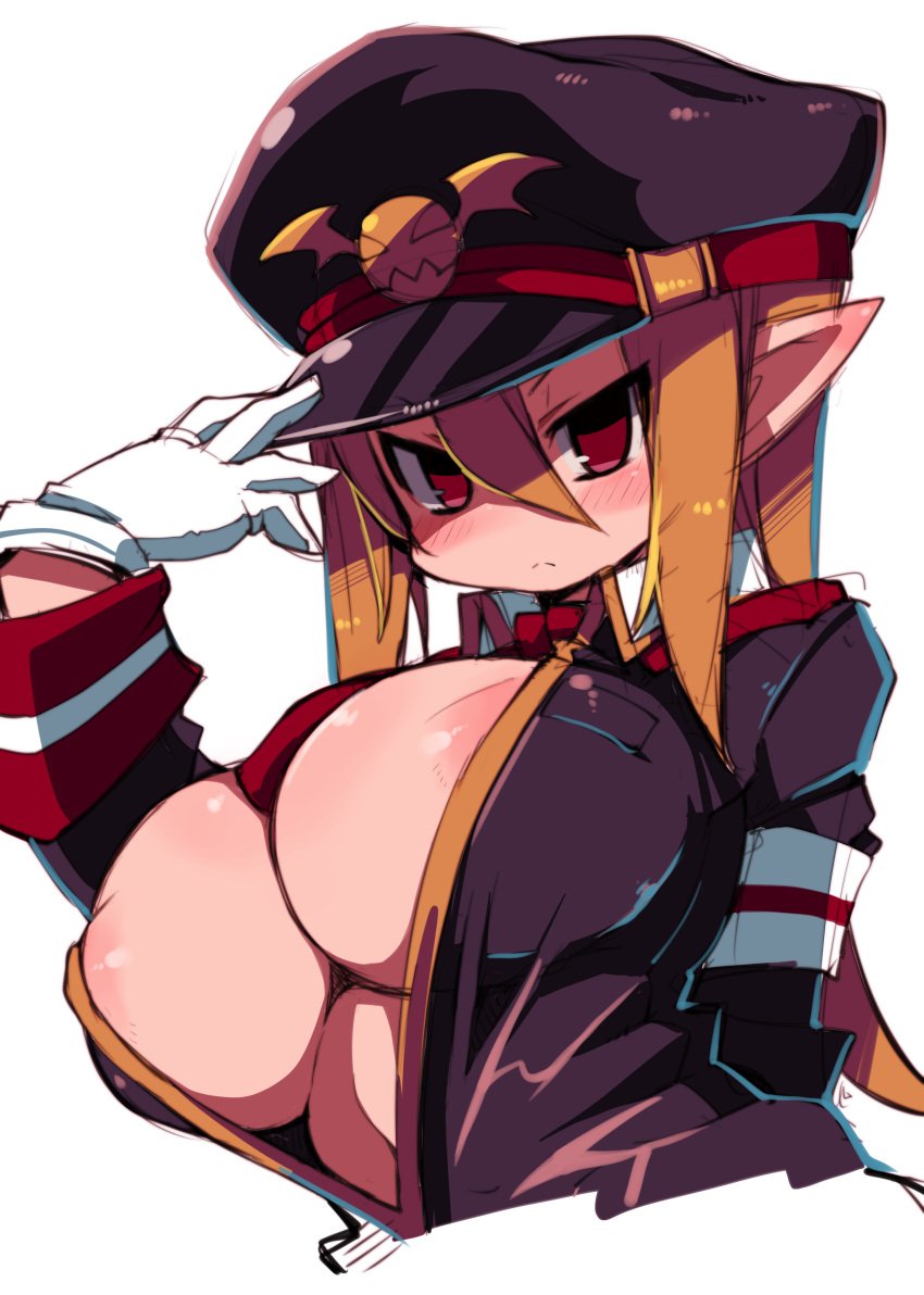 breasts disgaea disgaea_3 large_breasts military military_hat military_uniform nippon_ichi_software no_bra open_clothes peaked_cap salvatore visible_nipples zankuro