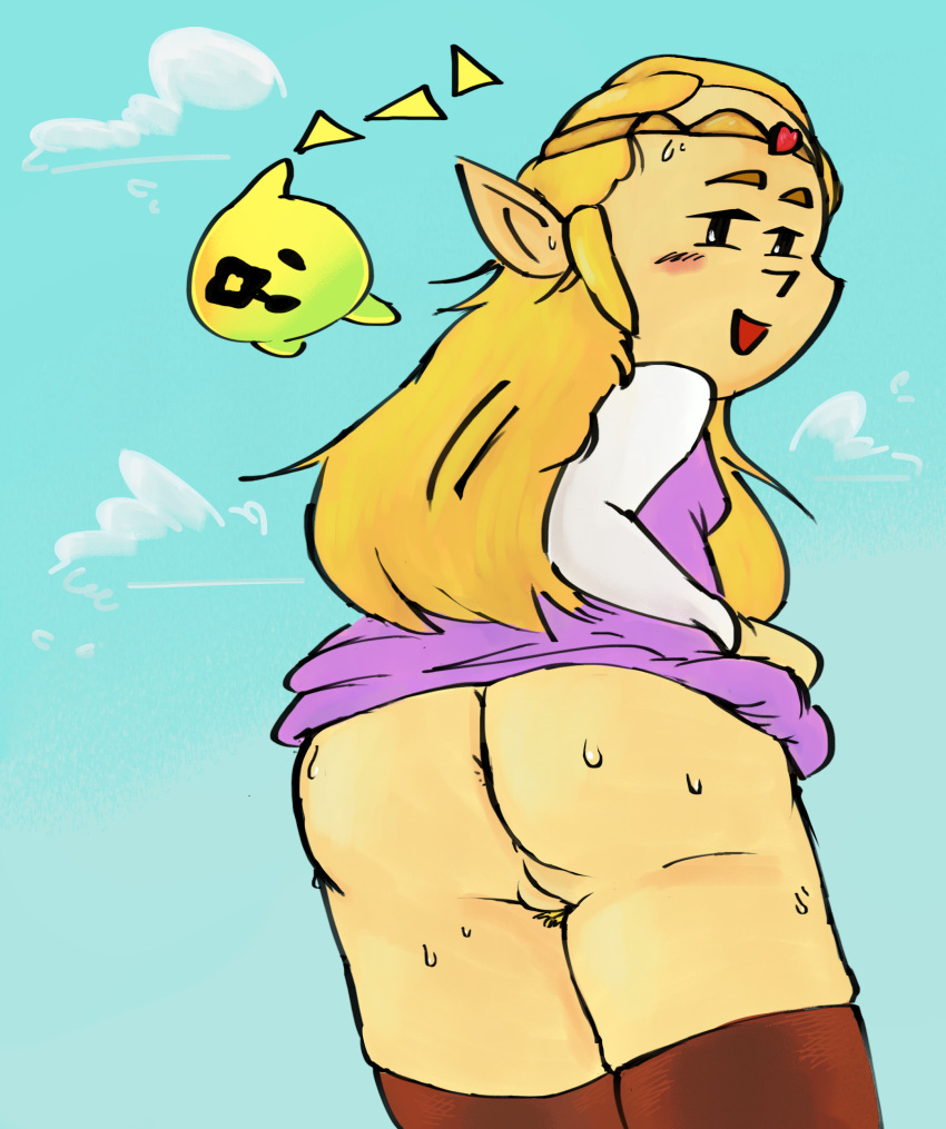 blonde_hair echoes_of_wisdom lifting_skirt looking_at_viewer nintendo no_panties princess_zelda pussy ratsinablanket showing_ass showing_pussy smug sweat sweaty_butt the_legend_of_zelda tri_(zelda) zelda_(echoes_of_wisdom)