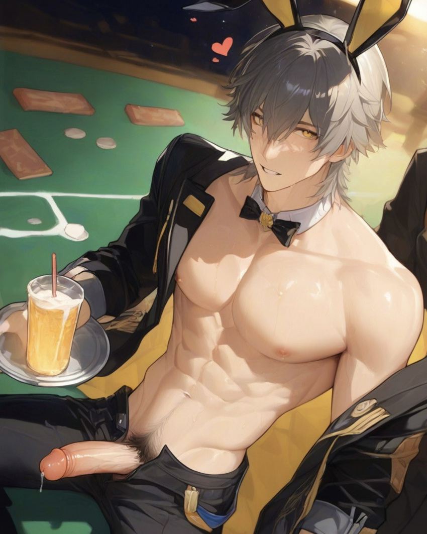 abs ai_generated caelus_(honkai:_star_rail) chest honkai:_star_rail male_only nipples open_shirt penis_out stipper_pole waiter