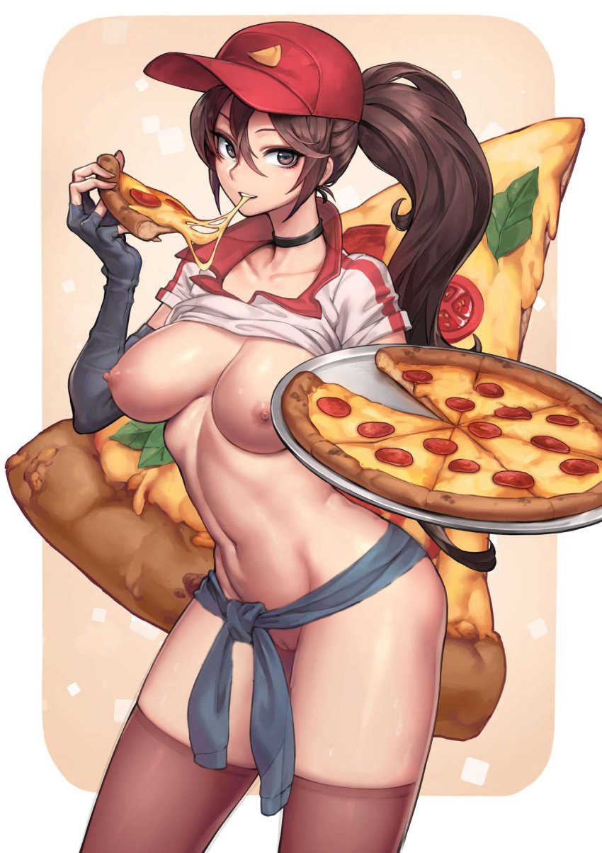 1girls barely_clothed big_breasts breasts brown_eyes brown_hair choker culinary_masters_series female female_only large_breasts league_of_legends long_gloves long_hair mostly_nude nude nude_female offering_food offering_to_viewer oopartz_yang paid_reward patreon_reward pizza pizza_delivery_sivir ponytail pussy riot_games shirt_lift shirt_up sivir solo_focus thighhighs