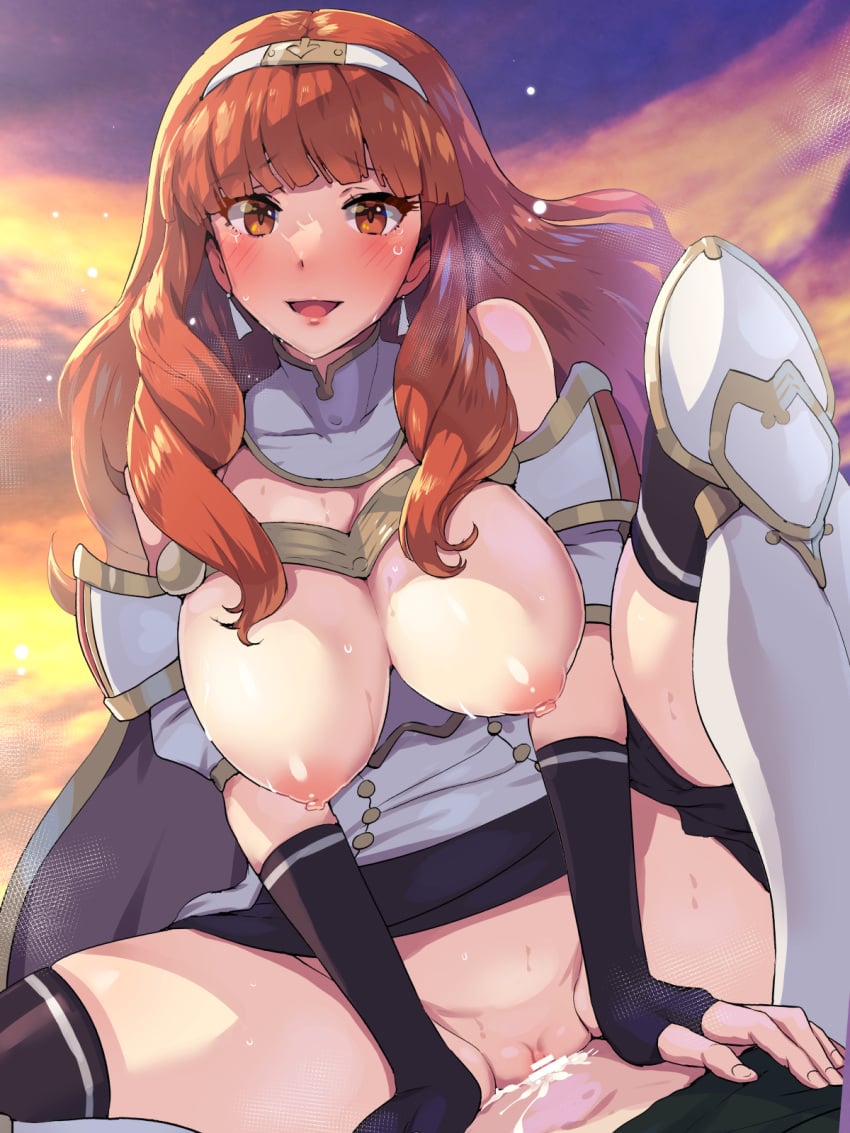 1boy 1girls absurdres alm_(fire_emblem) areola armor armored_boots bangs black_gloves black_panties black_skirt black_thighhighs blush boots boris_(noborhys) breasts breasts_out breasts_out_of_clothes cape celica_(fire_emblem) censored clothed_sex cowgirl_position cum cum_in_pussy cum_inside detached_collar dress earrings elbow_gloves female female_focus fingerless_gloves fire_emblem fire_emblem_echoes:_shadows_of_valentia girl_on_top gloves gradient_sky hairband hetero highres jewelry large_breasts long_hair looking_at_viewer male nintendo nipples open_mouth orange_sky outdoors panties panties_around_one_leg partially_clothed pauldrons purple_sky pussy red_eyes red_hair sex shoulder_armor skirt sky smile solo_focus spread_legs straddling thick_thighs thighhighs thighs twilight vaginal vaginal_penetration white_armor white_dress