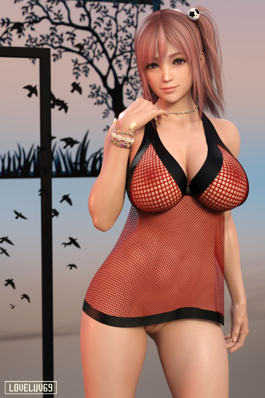 3d busty dead_or_alive female female_focus female_only honoka_(doa) hourglass_figure long_hair loveluv69 pink_hair pinup pinup_pose tagme wide_hips