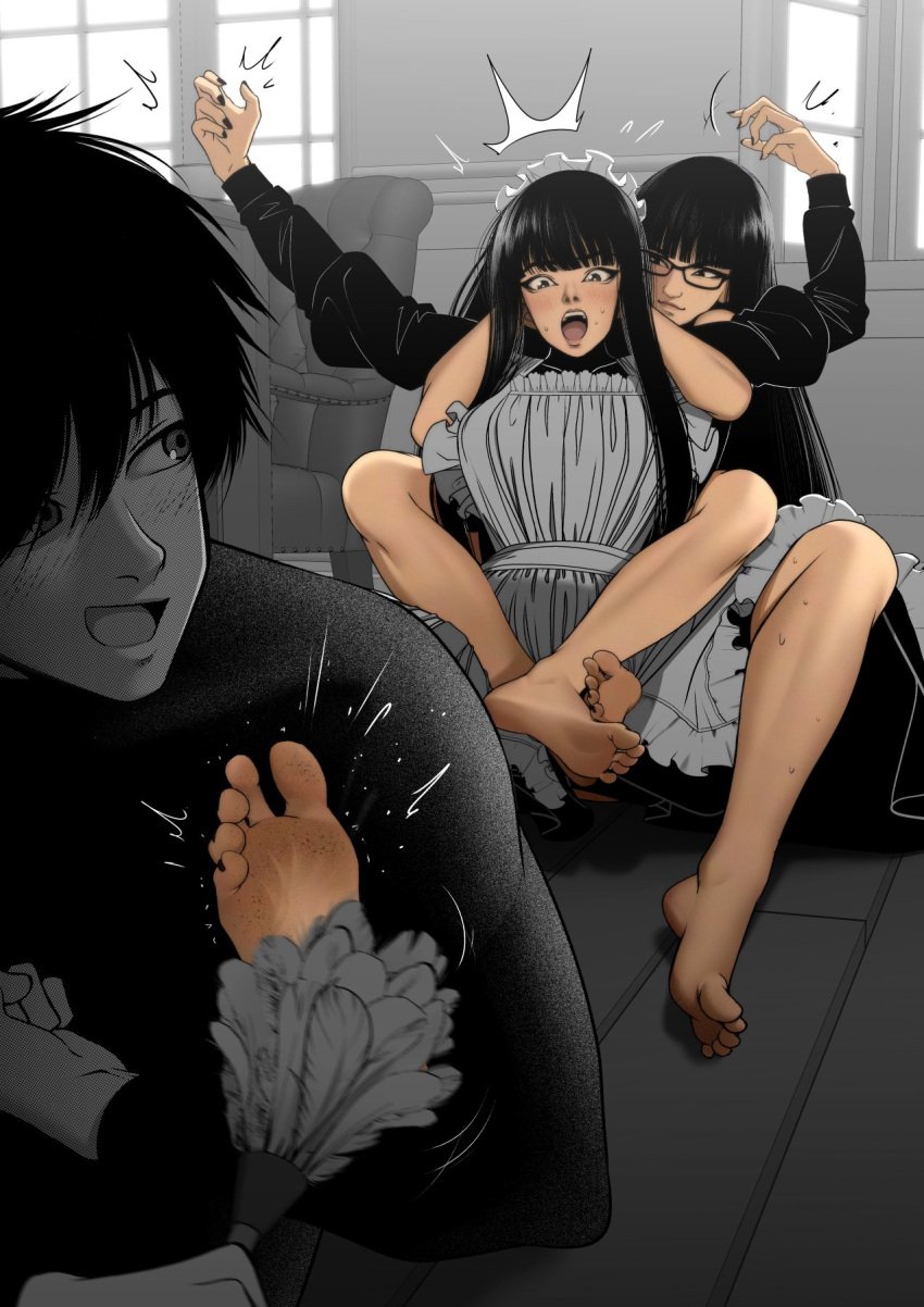 black_hair blush dirty_feet feet foot_fetish glasses kidetic kusujinn laugh maid maid_uniform oc painted_nails sisters soles tagme tickle_fetish tickling tied_to_twins twins