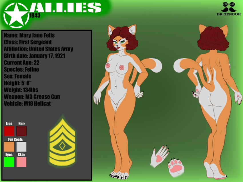 allies anthro anthro_only army clothing dr._tendoh feline female mammal mary_jane_felis nude pussy retro sergeant states uniform united world_war_2