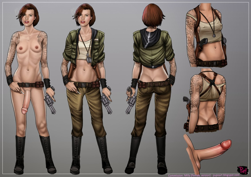 1futa areolae bag ball_bulge balls balls_under_clothes breasts brown_hair cameltail casual clothing dickgirl erect_nipples erection erection_under_clothes firearm footwear futa_only futanari gun handgun human intersex large_penis maxine_shaw milla_jovovich navel neckwear nipple_bulge nipples nude pale_skin penis penis_bulge penis_under_clothes pupete revolver short_hair small_breasts standing tactical_nudity tattoo weapon wristwear