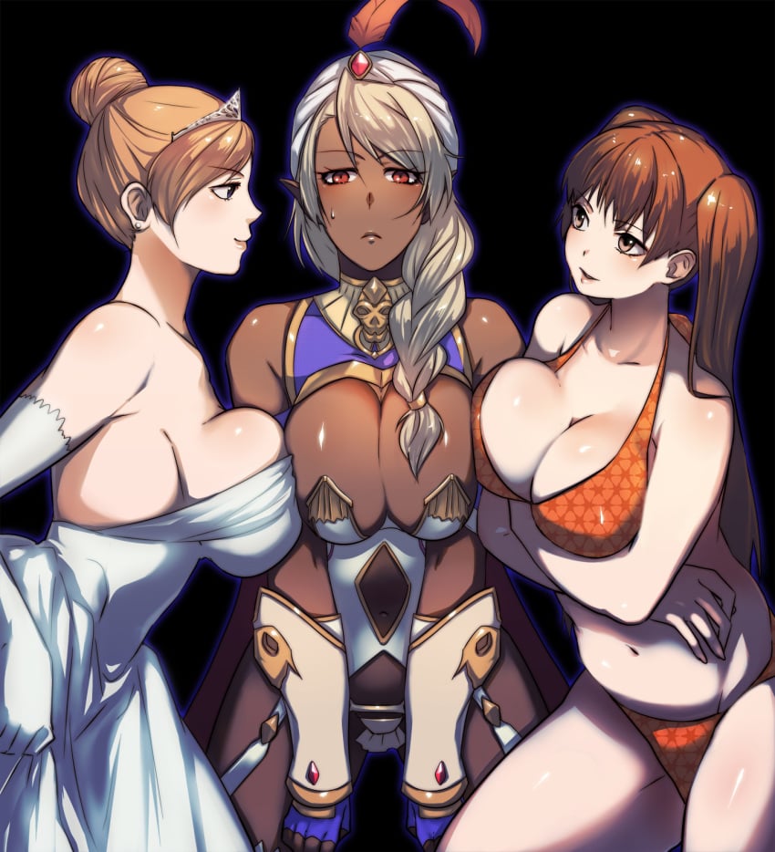 3girls bare_shoulders bikini bikini_warriors black_background blonde_hair braid breast_press breasts bridal_gauntlets cleavage collarbone dark-skinned_female dark_elf dark_elf_(bikini_warriors) dark_skin elf feathers female fingerless_gloves frown gloves highres large_breasts long_hair looking_at_another looking_at_viewer multiple_girls navel orange_eyes pointy_ears red_eyes revealing_clothes shirasau_(gatyapinn0000) simple_background single_braid skimpy skull smile spread_legs sweatdrop swimsuit tiara tied_hair topknot turban twintails vambraces