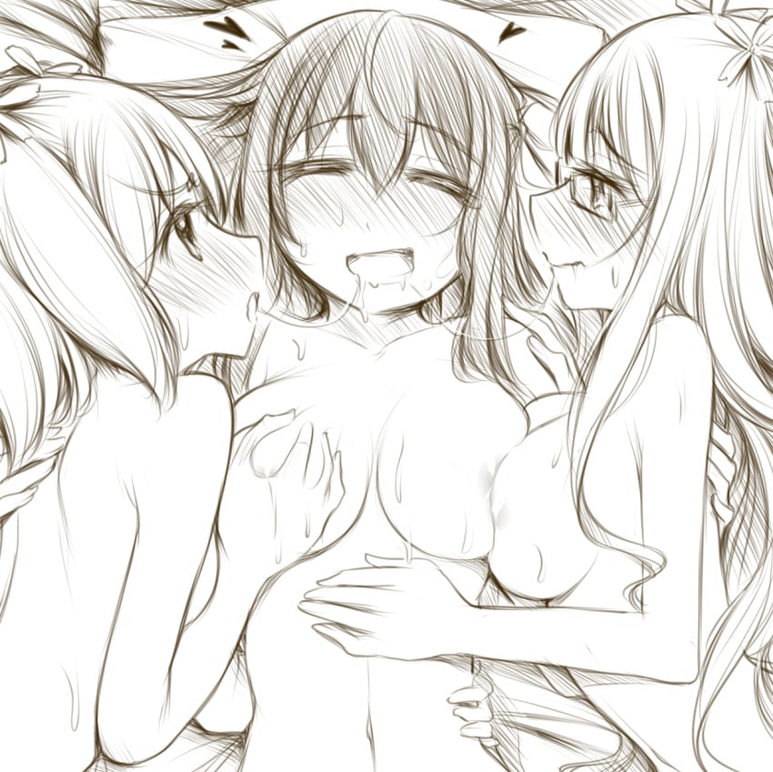 3girls blush breast_grab breasts_apart closed_eyes completely_naked_female female flower glasses grabbing group_sex hair_flower hair_ornament hair_ribbon hand_on_another's_back hand_on_another's_breast hand_on_breast hand_on_hip haruka_takayama heart highres lying mitsuki_sonoda monochrome multiple_girls nude open_eyes ribbon sakura_trick saliva saliva_trail sweatdrop sweaty_breasts threesome yuri yuriwhale yuu_sonoda