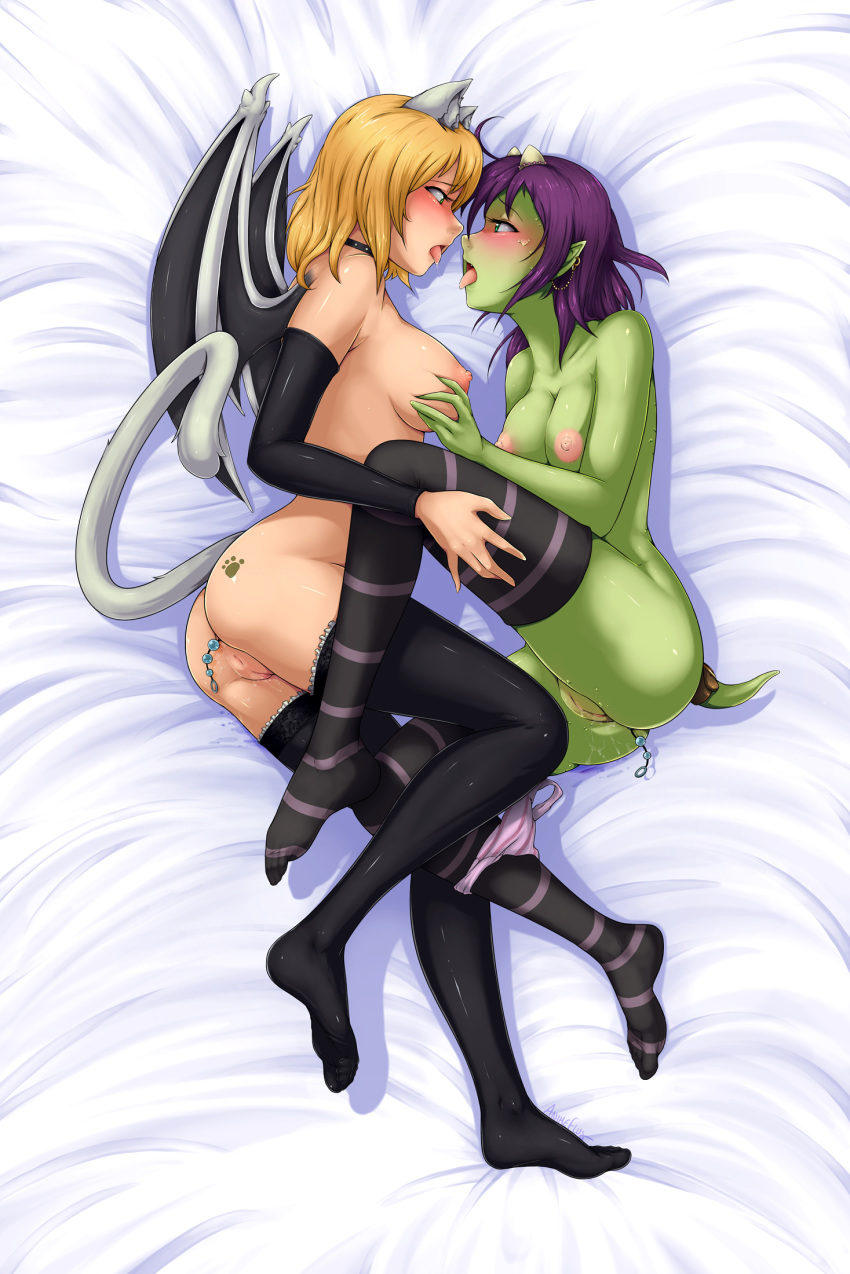 2girls anal anal_beads animeflux areolae ass bed_sheet black_legwear blonde_hair blush borrowed_character breast_grab breasts collarbone couple crossover detached_sleeves dragon_girl eye_contact feet female grabbing green_skin highres large_breasts looking_at_another lying monster_girl multiple_girls naked_sleeves nalica nalica_(animeflux) nipples nude on_side original panties panties_around_one_leg purple_hair pussy pussy_juice saliva saliva_trail sapphic_neko socks soles stockings striped striped_legwear striped_panties tail thighhighs thighs toes tongue tongue_out uncensored underwear wings yuri