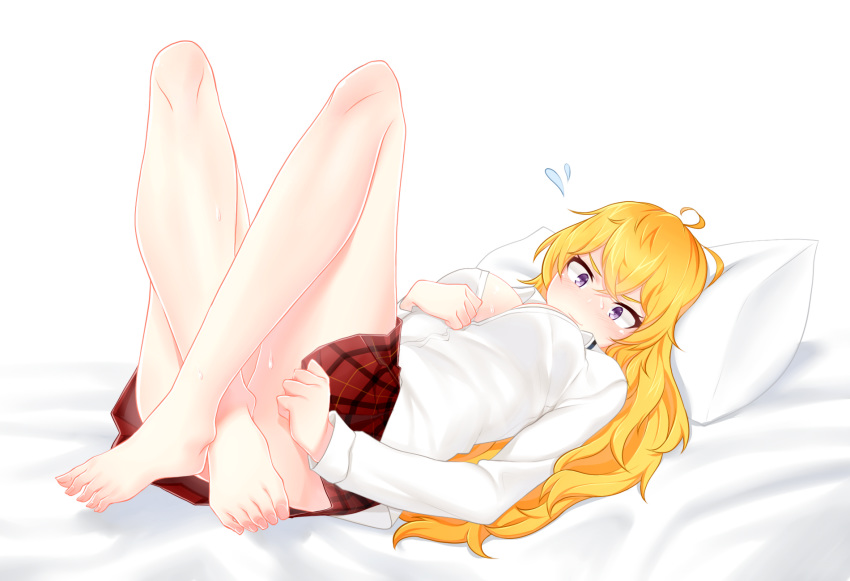 bangs barefoot blonde_hair blush breasts closed_mouth covering covering_crotch crossed_ankles female flying_sweatdrops highres large_breasts legs_up long_hair long_sleeves lying miniskirt narynn on_back on_bed pillow plaid plaid_skirt purple_eyes rwby shirt skirt skirt_tug solo white_shirt yang_xiao_long