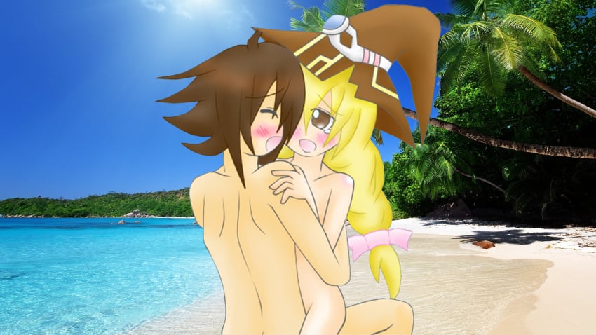 1boy absurdres beach beryl_benito blonde_hair blush brown_hair female highres hug huge_filesize nude sex shing_meteoryte tales_of_(series) tales_of_hearts tears