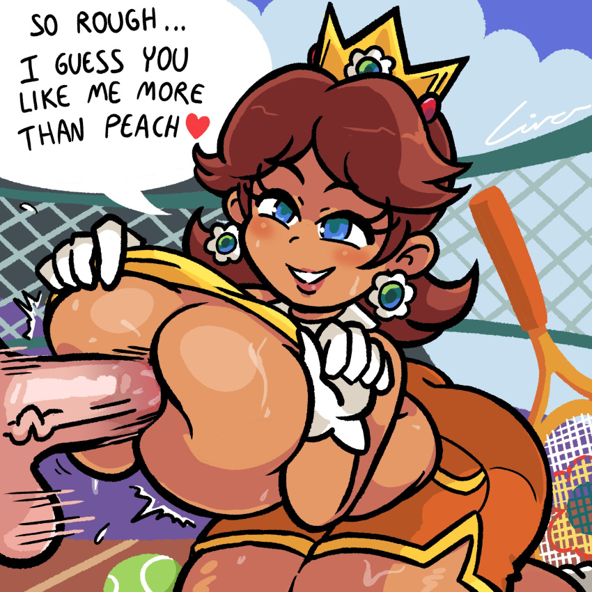 1boy 1girls artist_signature balls big_breasts blue_eyes blush boobjob breasts brown_hair crown dialogue earrings english_text eyelashes female gloves huge_breasts large_breasts linaciari lips male male/female mario_(series) mario_tennis motion_blur motion_lines nintendo orange_shorts outdoors paizuri penetration penis perpendicular_paizuri princess_daisy royalty sex shirt shirt_lift short_hair shorts smile speech_bubble spoken_heart sweat tan_body tennis_ball tennis_racket text thick_thighs thighs titjob unseen_male_face veiny_penis