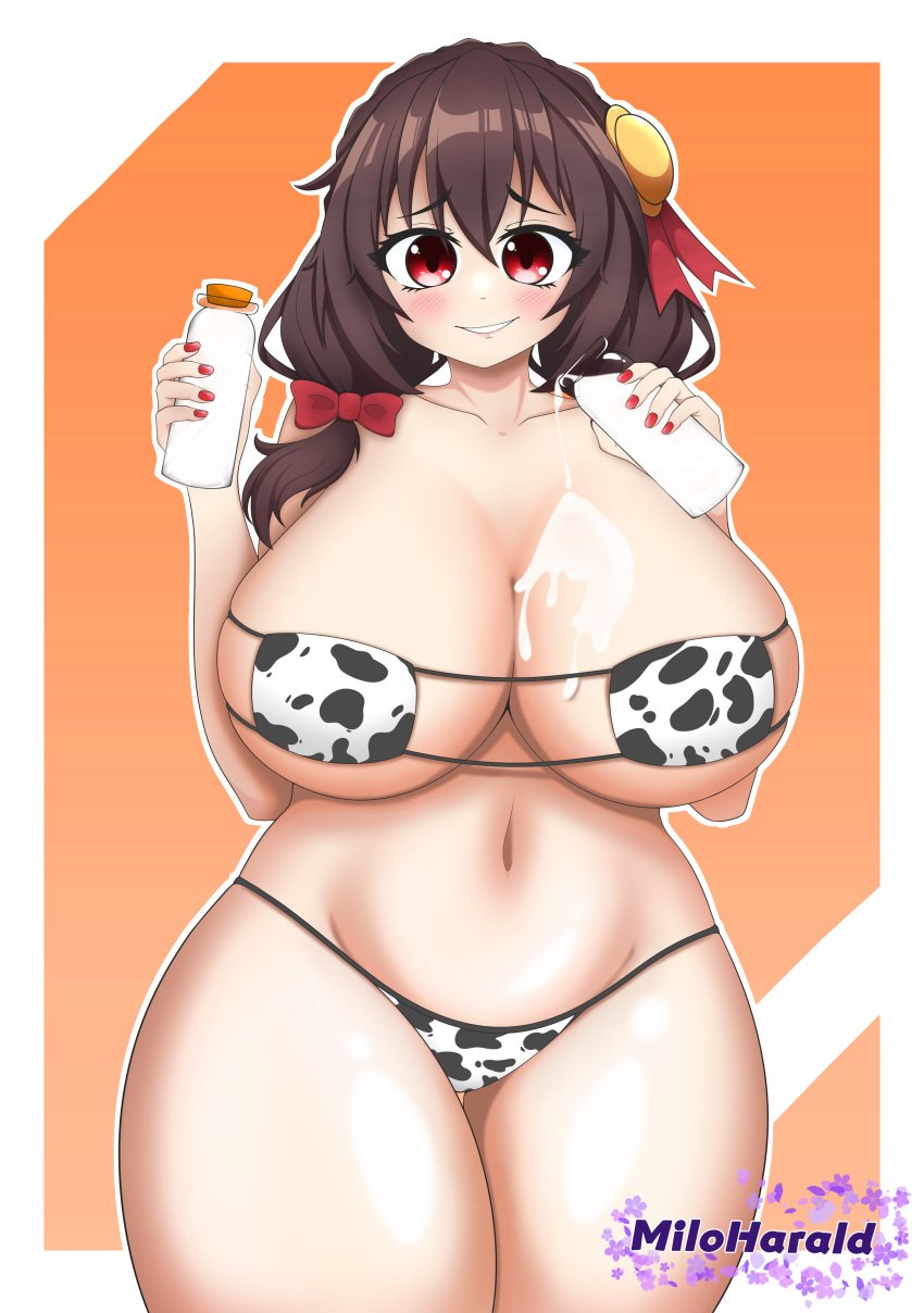 1girls artist_name belly belly_button blush blush breasts brown_hair collarbone cow_bikini cow_print crown_braid embarrassed female_only hair_between_eyes hair_ornament hair_over_shoulder hair_ribbon hairbow highres holding_object huge_breasts human kono_subarashii_sekai_ni_shukufuku_wo! large_breasts large_thighs light-skinned_female light_skin looking_at_viewer low_twintails medium_hair milk milk_bottle milk_on_breasts miloharald open_mouth raided_hair red_eyes red_ribbon ribbon ribbons simple_background solo solo_female square_bikini thick_hips thick_thighs thighs twintails twitter_username yunyun_(konosuba)