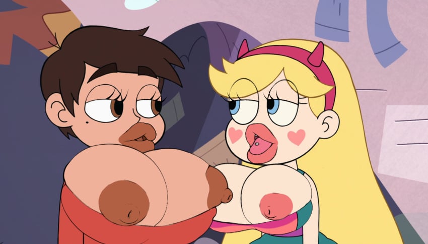 2girls after_transformation areola_slip areolae bimbo bimbo_body bimbo_lips bimbofication bimbofied blonde_hair blue_eyes brown_eyes brown_hair croc338 disney disney_xd female genderswap genderswap_(mtf) huge_ass huge_breasts latina lips marco_diaz multiple_girls nipples overflowing_breasts princess_marcia princess_marco rule_63 screenshot_edit star_butterfly star_vs_the_forces_of_evil thick_lips tongue_piercing transformation wide_hips