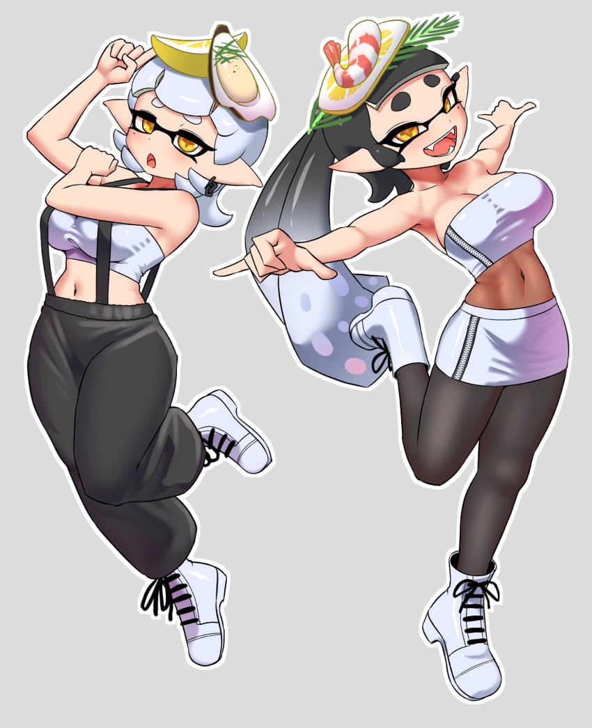 2girls :d :o alternate_costume baggy_pants bare_shoulders big_breasts black_hair callie_(splatoon) callie_(summer_nights) clothed clothes clothing covered_navel fangs head_accessory inkling inkling_girl lemon lemon_slice long_hair marie_(splatoon) marie_(summer_nights) multicolored_hair navel nobunagapero official_alternate_costume open_mouth overalls pantyhose pencil_skirt posing shoes short_hair skirt solo_female splatfest splatoon splatoon_3 squid_sisters summer_nights_splatfest tentacle_hair tubetop white_hair yellow_eyes