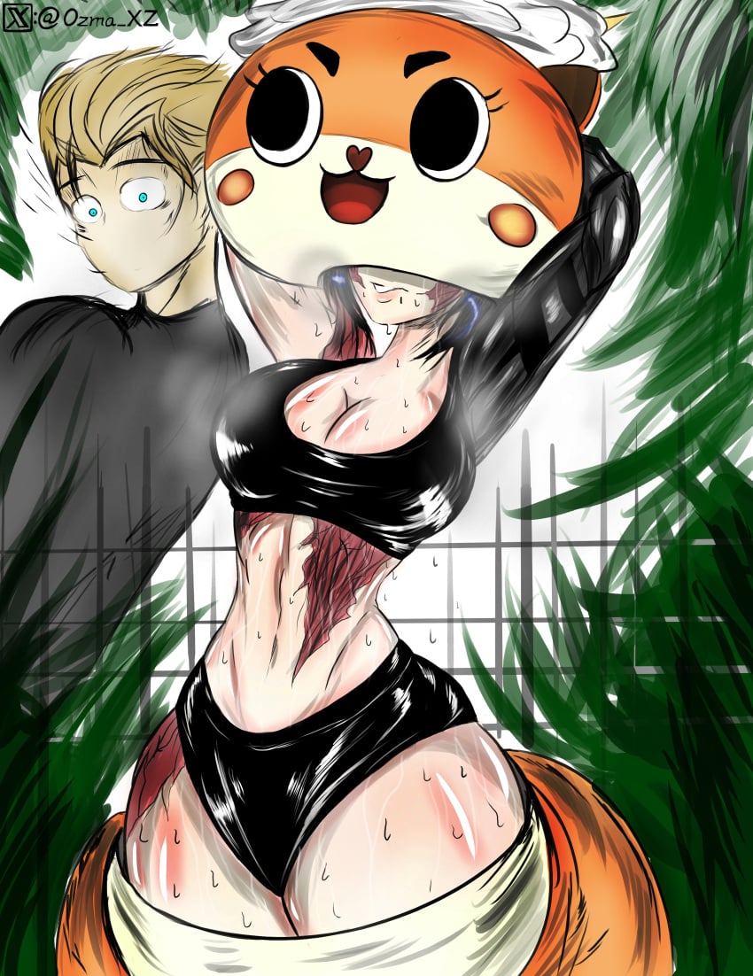 1boy 1boy1girl 1girls blonde_hair breasts chiitan fat_thighs female female_focus heavy_breathing large_breasts long_hair long_sleeves mascot mascot_costume mascot_head mask masked masked_female oc ozma scar scar_on_stomach shiny_skin short_hair sports_bra sportswear sweat sweatdrop sweaty sweaty_body sweaty_breasts thick_thighs thighhighs thighs