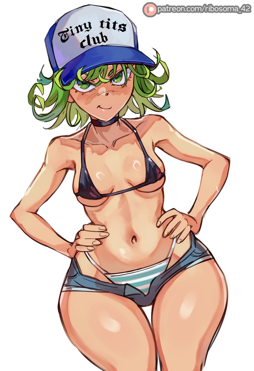 1girls bare_arms baseball_cap bikini_top black_bikini_top choker collarbone denim_shorts female green_eyes green_hair hands_on_hips hot_pants micro_bikini midriff one-punch_man patreon_username petite ribosoma_42 shimapan shiny_skin short_shorts skimpy_clothes small_breasts smug smug_face solo standing striped_panties tatsumaki thick_hips thick_thighs thighs