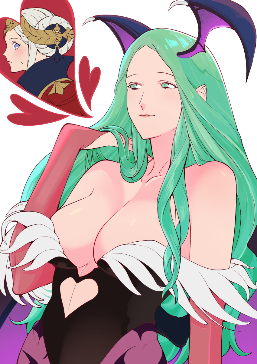 2girls absurdres alternate_costume bare_shoulders big_breasts black_leotard blush breasts cleavage clothing_cutout cosplay crossover darkstalkers double_bun edelgard_von_hresvelg female female_only fire_emblem fire_emblem:_three_houses green_eyes green_hair hair_bun head_wings heart heart_cutout highres large_breasts leotard lips long_hair morrigan_aensland morrigan_aensland_(cosplay) multiple_girls nintendo pink_lips pointy_ears profile purple_eyes rhea_(fire_emblem) shynrinn simple_background strapless strapless_leotard succubus sweatdrop vampire_(game) white_background white_hair wings