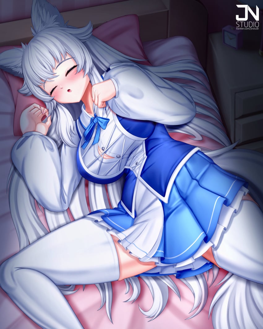 animal_ears awoo barely_visible_breasts bed blue_dress blush breasts clawed_fingers dress eyes_closed female indie_virtual_youtuber jnstudio kemono kemonomimi legs_akimbo legs_apart light-skinned_female light_skin long_hair lumi_(merryweather) skirt sleeping snoring stockings tagme tail very_long_hair virtual_youtuber vtuber white_hair white_shirt white_stockings wide_hips wolf_ears wolf_girl wolf_tail