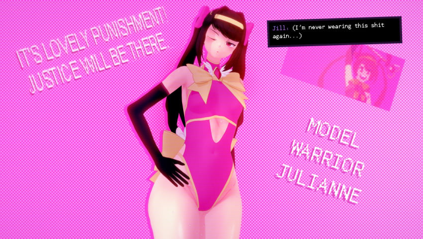 3d annoyed annoyed_expression black_hair cosplay dialogue female girls&#039;_frontline hand_on_hip julianne_stingray koikatsu light-skinned_female light_skin long_hair looking_at_viewer model_warrior_julianne one_eye_closed pixel_art scanlines simple_background solo solo_female solo_focus spiritofrei text thick_thighs thighs twintails va-11_hall-a