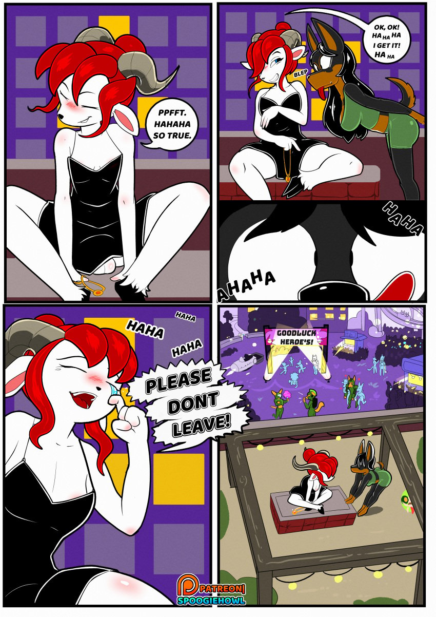 absurd_res anthro areola ass balls bangs bent_over big_breasts big_butt black_body black_clothing black_dress black_eyebrows black_eyes black_fur black_hair black_nose blush bodily_fluids bovid breasts brown_body brown_fur canid canine canis caprine city closed_eyes clothed clothing colored comic comic_panel digital_drawing_(artwork) digital_media_(artwork) dobermann domestic_dog dress duo english_text exhibitionism eyebrows full-length_portrait fur furry genitals goat grin gynomorph hair hi_res hooves horn huge_breasts intersex line_art mammal night no_bra no_underwear outside party pinscher portrait red_hair side_boob sitting small_breasts smile speech_bubble spoogiehowl spread_legs spreading standing story tears teeth text tight_clothing tongue tongue_out white_body white_fur