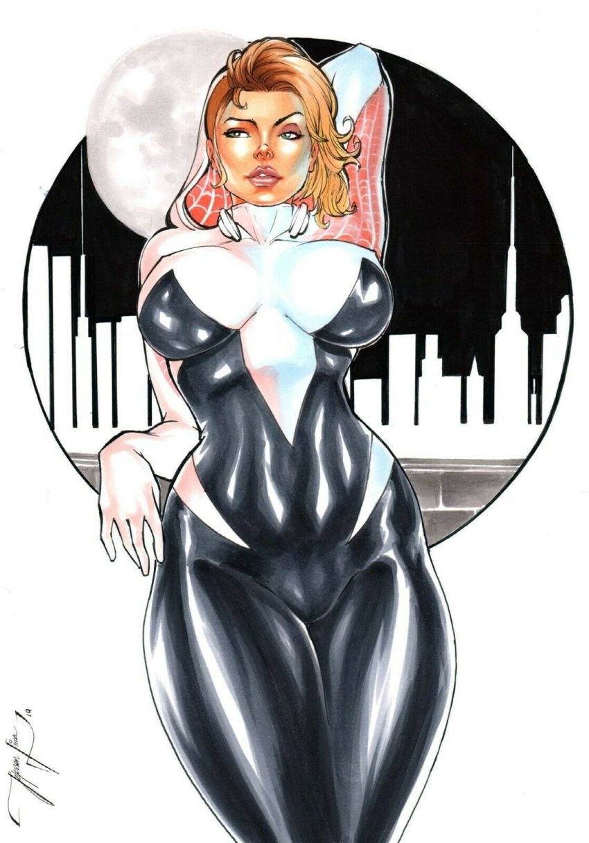 1girls artist_name asymmetrical_hair blonde_hair ed_benes_studio female_focus female_only gwen_stacy gwen_stacy_(spider-verse) jeferson_lima looking_at_viewer marvel marvel_comics seductive seductive_look shaved_side short_hair signature spider-gwen spider-man:_across_the_spider-verse spider-man:_into_the_spider-verse spider-man_(series) superhero superhero_costume superheroine voluptuous voluptuous_female