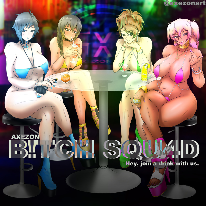 4girls axezon big_breasts female female_only g_(axezon) gyaru hi_res kaya_(axezon) large_breasts original pinky_(axezon) sling_bikini swimsuit teenager yel_(axezon)