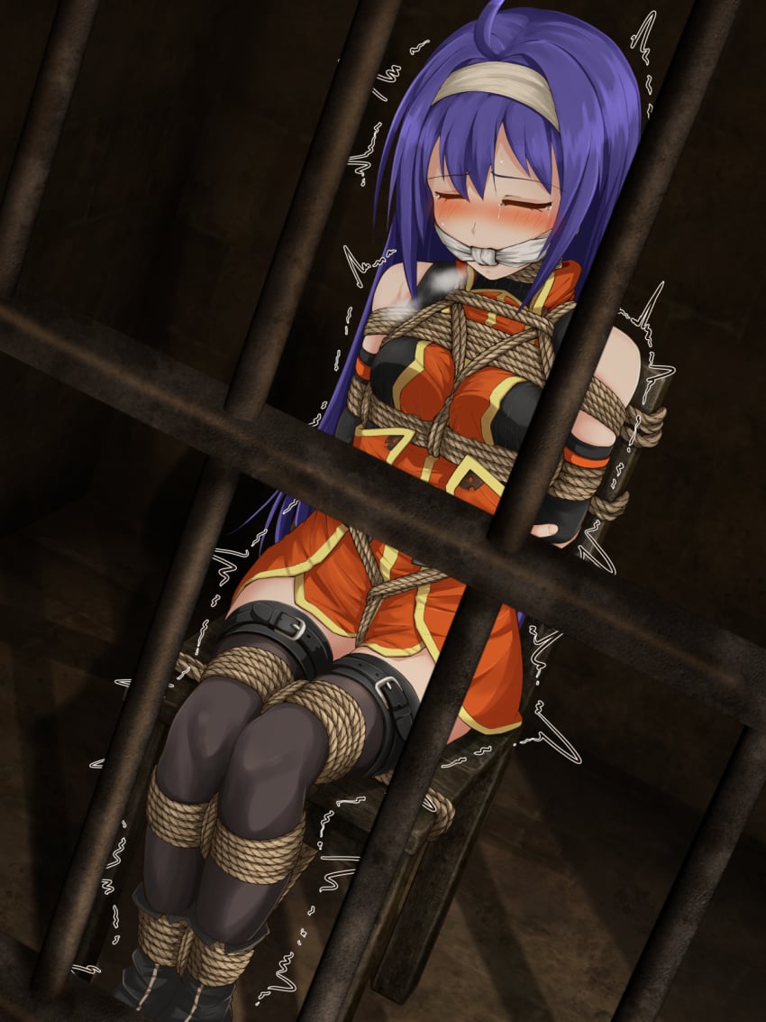 1girls ahoge bare_thighs belt blush bondage boots bound bound_arms bound_legs bound_to_chair bound_wrists breasts captured chair cleave_gag closed_eyes crying dress dungeon exhausted female female_only femsub femuto fingerless_gloves fire_emblem fire_emblem:_path_of_radiance fire_emblem:_radiant_dawn gag gloves headband improvised_gag indoors knot_gag long_hair medium_breasts mia_(fire_emblem) nintendo prison_bars purple_hair rape remote_control_vibrator restrained rope rope_bondage sex_toy sitting sleeveless solo sweater thighhighs thighs trembling vaginal_penetration very_long_hair vibrator