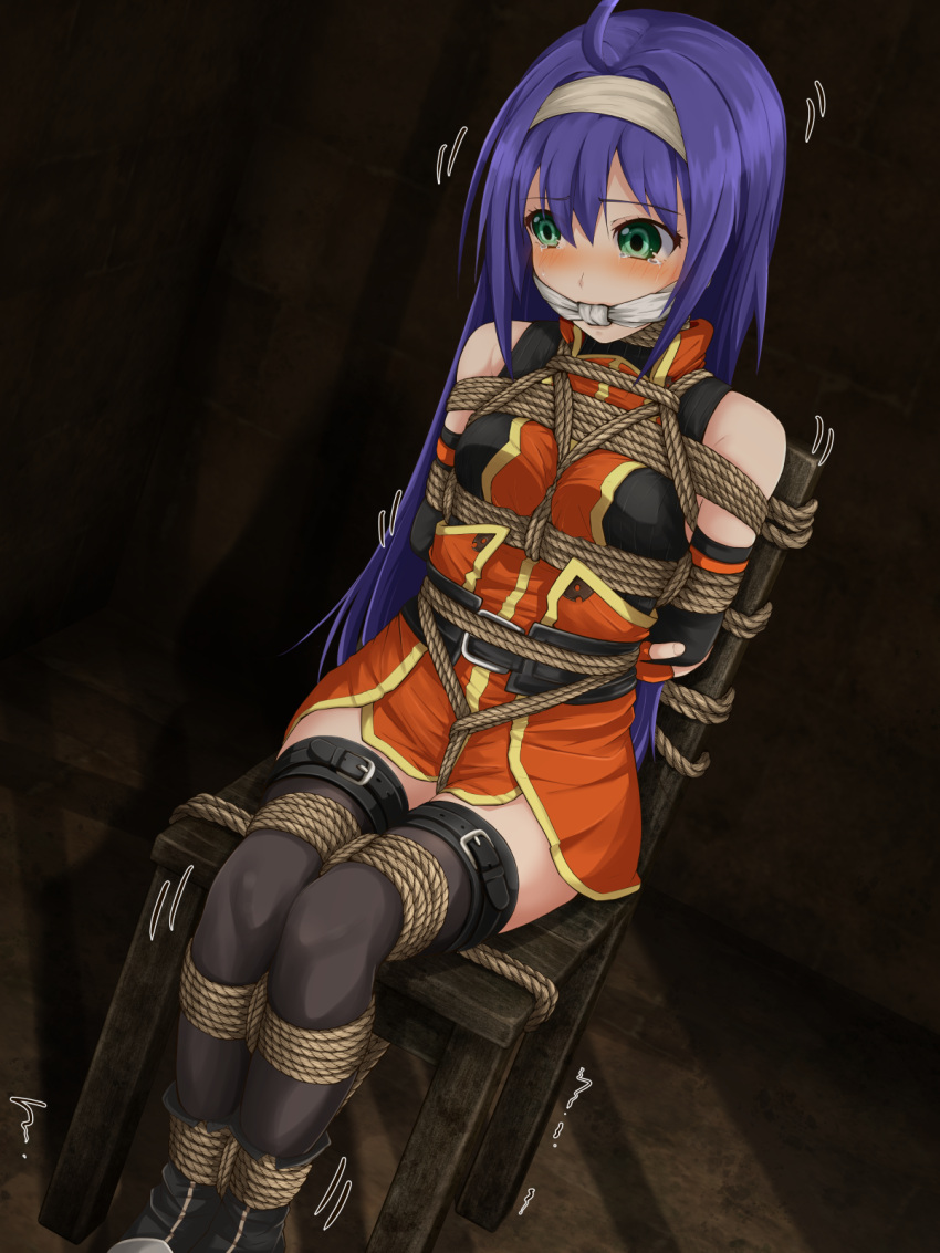 1girls ahoge bare_thighs belt blush bondage boots bound bound_arms bound_legs bound_to_chair bound_wrists breasts captured chair cleave_gag crying crying_with_eyes_open dress dungeon female female_only femsub femuto fingerless_gloves fire_emblem fire_emblem:_path_of_radiance fire_emblem:_radiant_dawn gag gloves green_eyes headband improvised_gag indoors knot_gag long_hair medium_breasts mia_(fire_emblem) motion_lines nintendo purple_hair rape remote_control_vibrator restrained rope rope_bondage sex_toy sitting sleeveless solo sweater thighhighs thighs trembling vaginal_penetration very_long_hair vibrator