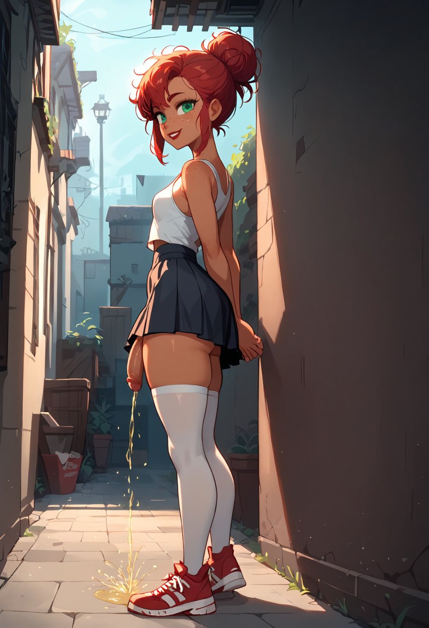 1futa ai_generated arms_behind_back dark-skinned_futanari dark_skin freckles futaimix futanari green_eyes hair_bun original_character peeing red_hair red_shoes skirt tank_top thighhighs