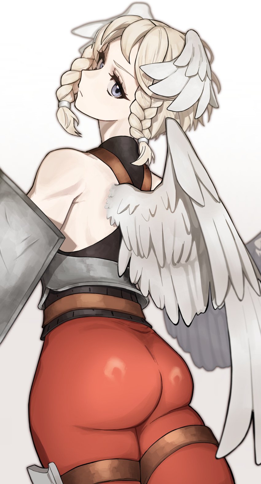 absurdres angel angel_wings arm_shield armor ass blonde_hair blue_eyes braid braided_sidelock breastplate closed_mouth facing_away feathered_wings female fujinari grey_eyes head_wings highres looking_at_viewer looking_back ochlys_(unicorn_overlord) pants red_pants shield short_hair side_braids simple_background solo unicorn_overlord white_background white_wings wings