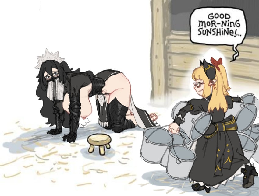 2girls all_fours black_hair blonde_female blonde_hair blonde_hair_female breasts bucket clothed clothed_female clothed_female_nude_female distress distressed executioner_maid_(centuriic) female_only flareze_(porforever) glasses good_morning_sunshine_(meme) horns imminent_milking meme milk_bucket multiple_females multiple_girls naked naked_female nipples nude nude_female on_all_fours original pubic_hair veil wassnonnam yuri