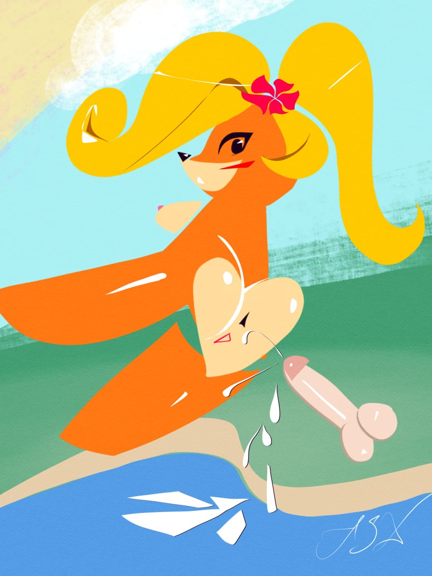 abstract abstract_art applespicex beach blonde_hair coco_bandicoot crash_(series) cumshot disembodied_penis floating_penis furry low_effort parody ponytail