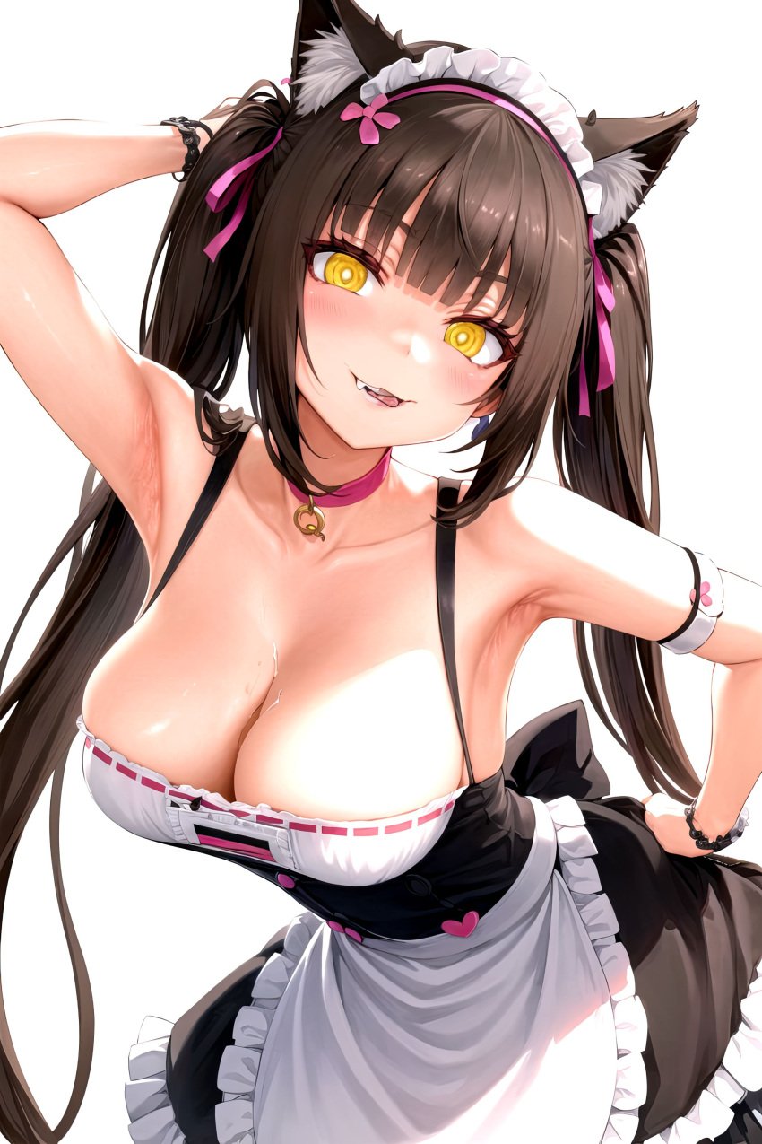 ai_generated arm_up armpits asanagi_(style) bare_shoulders biting_tongue breasts cat_ears catgirl chocola_(sayori) cleavage from_below hi_res huge_breasts leaning_forward long_hair looking_at_viewer maid maid_uniform neck_bell nekopara oerba_yun_fang stable_diffusion sweat twintails