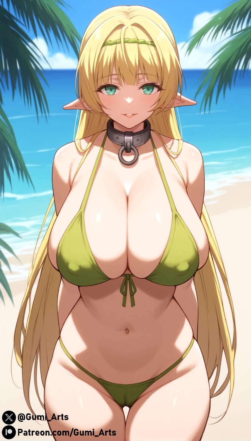 ai_generated beach bikini blonde_hair blue_eyes cleavage covered_nipples covered_pussy elf elf_ears gumi_arts how_not_to_summon_a_demon_lord huge_breasts isekai_maou_to_shoukan_shoujo_no_dorei_majutsu metal_collar naughty_face navel outdoors shera_l_greenwood stable_diffusion thick_thighs wide_hips