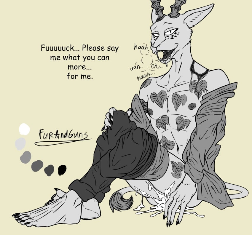 antelope anthro beastars bite bodily_fluids bovid cum english_text felid fur furandguns gazelle genital_fluids hi_res horn hybrid leopard male mammal melon_(beastars) pantherine solo tattoo text