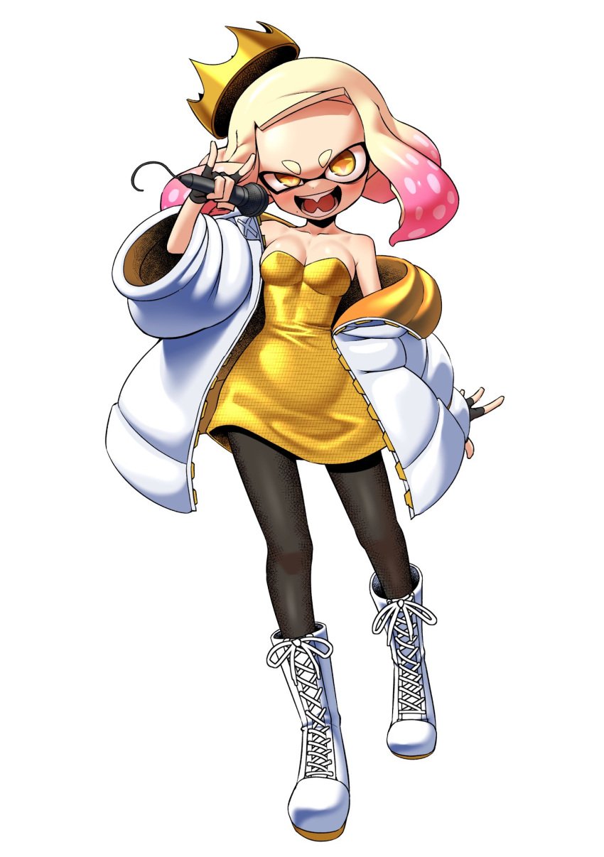 bangs bare_shoulders boots clothed clothing crown devil_horns_(gesture) dress fangs fingerless_gloves gold_dress inkling inkling_girl jacket kneehigh_boots light-skinned_female microphone multicolored_hair nintendo nobunagapero open_mouth oversized_clothes oversized_jacket pantyhose pearl_(side_order) pearl_(splatoon) petite pink_hair puffer_jacket shoes short_female short_hair small_breasts splatoon splatoon_3 splatoon_3:_side_order strapless strapless_dress white_hair yellow_eyes