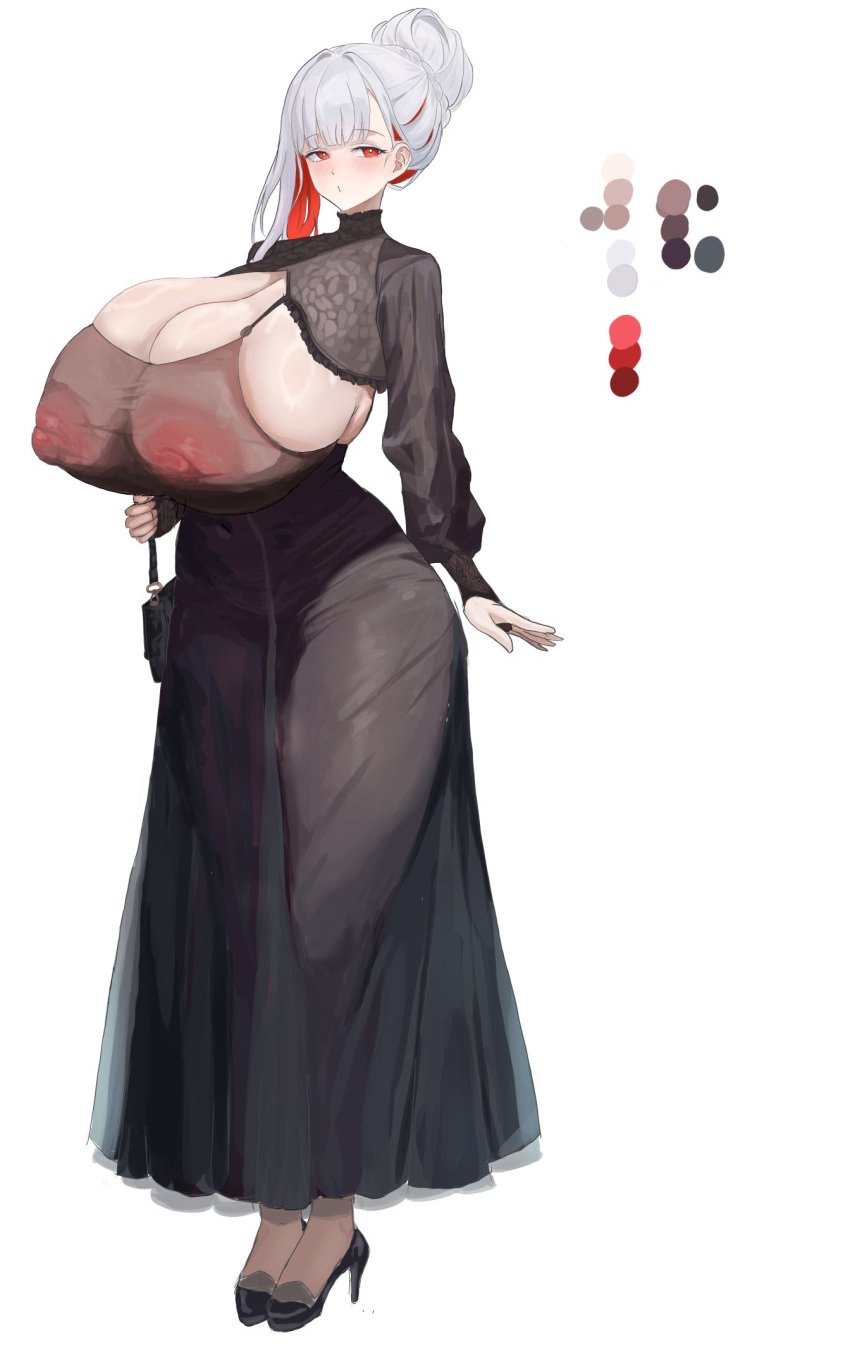 black_dress high_heels highlights hth5k huge_breasts red_eyes tight_clothing voluptuous white_background white_hair