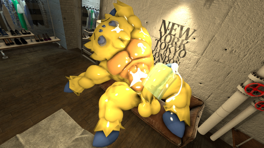 1boy 3d 3d_(artwork) cum full_body furry indoors joltik lying male male_only mightyk7 muscular nintendo no_humans on_back penis pokémon_(species) pokemon solo wooden_floor yellow_fur