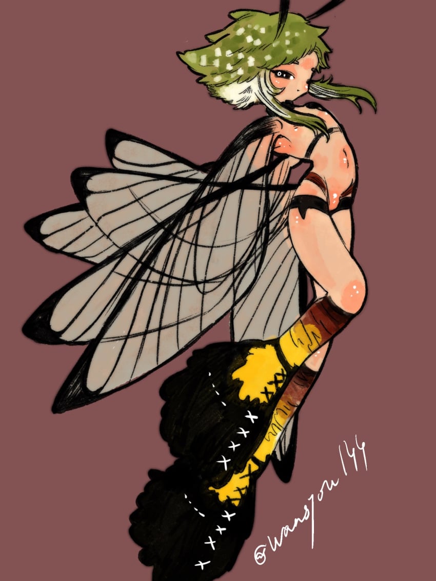 1boy antennae arthropod_boy artist_name black_eyes black_footwear boots bright_pupils brown_background closed_mouth commentary_request full_body green_hair hawk_moth highres insect_wings long_hair looking_at_viewer male_focus monster_boy moth_boy multi_wing multicolored_hair original otoko_no_ko shima_(wansyon144) sidelocks simple_background solo twitter_username two-tone_hair wansyon144 weird white_hair winged_arms wings