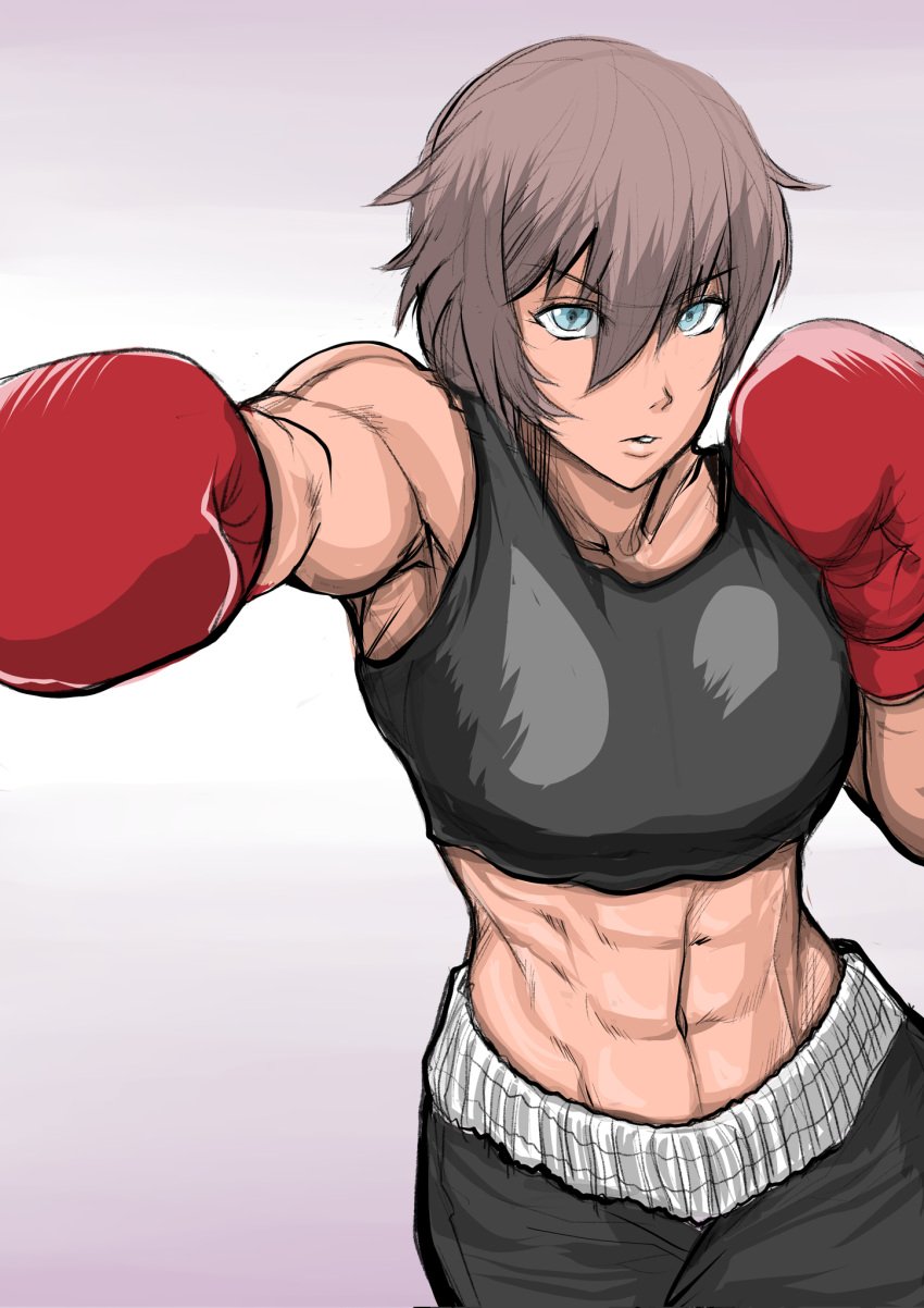 1girls abdominals abs asian_female biceps blue_eyes boxer_girl boxing boxing_gloves boxing_shorts breasts brown_hair cleavage collarbone goes_hard hair_between_eyes hand_wraps japanese_female muscle_girl muscular muscular_female pixie_cut punching saotome_senshu,_hitakakusu saotome_yae short_hair shorts simple_background solo soyuzu sports_bra stern_expression sweat tank_top thick_thighs tomboy