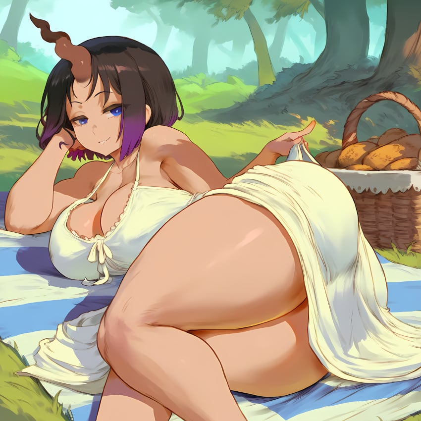 6164 ai_generated ass blue_eyes breasts cutesexyrobutts_(style) elma_(dragon_maid) horn huge_ass huge_breasts miss_kobayashi's_dragon_maid nai_diffusion picnic purple_hair sundress thick_thighs vanilla wide_hips