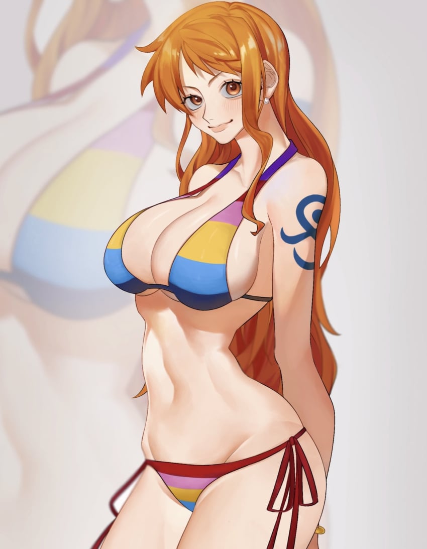 1girls bare_arms bare_legs bare_shoulders bare_thighs big_breasts bikini bikini_bottom bikini_top clothed clothing color female female_focus female_only hi_res large_breasts light-skinned_female light_skin long_hair looking_at_viewer nami nami_(one_piece) one_piece one_piece_film_z orange_eyes orange_hair post-timeskip rainbow_bikini shounen_jump siokosho_kinoko solo solo_female tagme tattoo thick_thighs