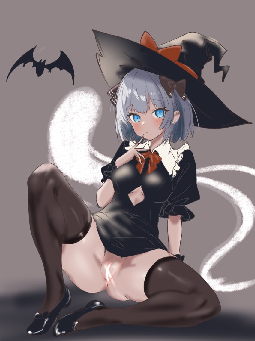 arm_support bat_(animal) black_bow black_dress black_footwear black_thighhighs blue_eyes blush bottomless bow bowtie censored cleft_of_venus clothing_cutout dress female finger_to_mouth frills grey_background grey_hair hairbow halloween halloween_costume hat hat_bow high_heels highres konpaku_youmu konpaku_youmu_(ghost) light_censor looking_at_viewer no_panties puffy_short_sleeves puffy_sleeves pussy red_bow short_sleeves sitting soara_shimomo split spread_legs thighhighs touhou underboob_cutout witch_hat wrist_cuffs