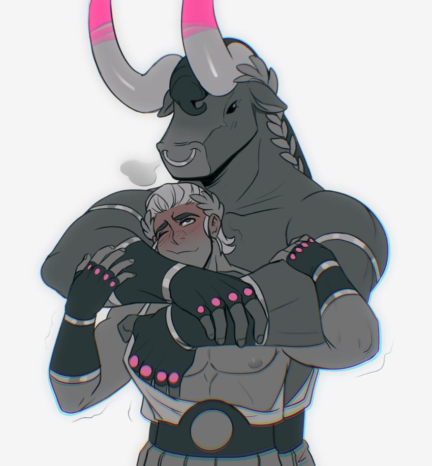 asterius_(hades) blush darkmode_proxy european_mythology greek_mythology groping_from_behind hades_(game) happy hugging_from_behind laurel_crown limited_palette love male_only minotaur monster muscular_male mythology public_domain smile theseus_(hades) wholesome