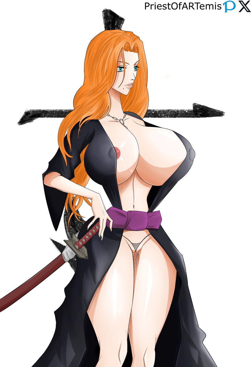 1girls big_ass big_breasts bleach blue_eyes clothing curvy curvy_female curvy_figure female_only huge_breasts huge_nipples kimono long_hair matsumoto_rangiku orange_hair priestofart solo_female sword thick_thighs