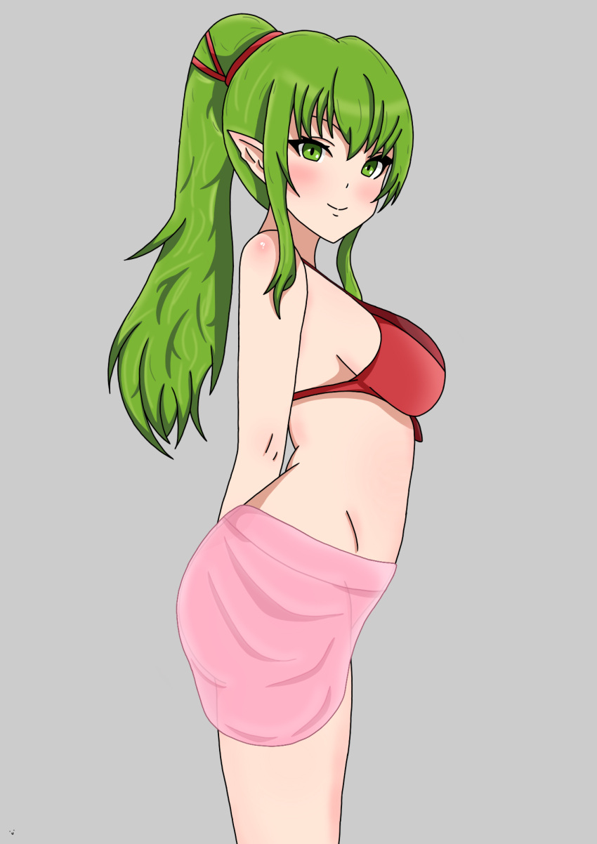 1girls alternate_costume arms_behind_back ass bangs bare_arms bare_midriff bare_thighs big_ass bikini bikini_top blush breasts female female_only fire_emblem fire_emblem_awakening fire_emblem_heroes green_eyes green_hair grey_background li9mo long_hair looking_at_viewer looking_to_the_side medium_breasts midriff nintendo no_panties official_alternate_costume pointy_ears ponytail red_bikini red_swimsuit sarong see-through sidelocks solo swimsuit thighs tiki_(adult)_(fire_emblem) tiki_(adult)_(summer)_(fire_emblem) tiki_(fire_emblem)