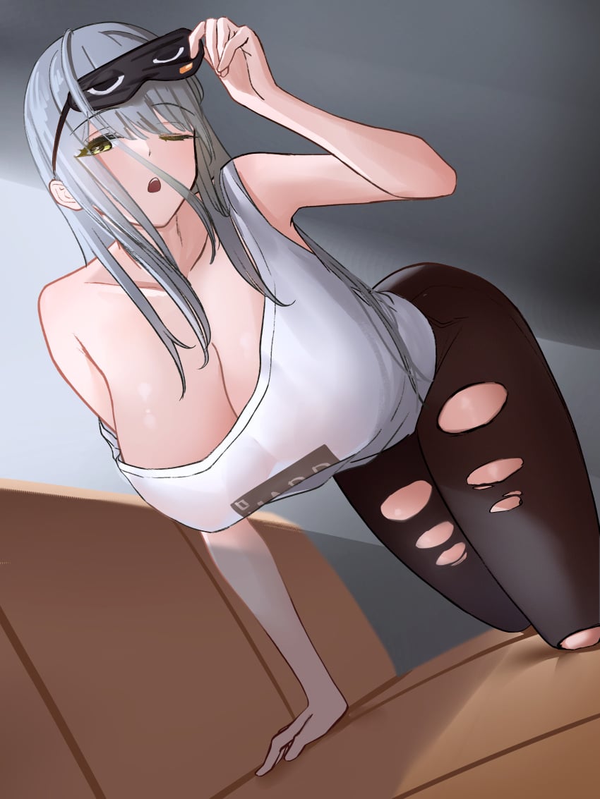 1girls :o all_fours aoi_riko black_jeans black_legwear black_mask black_pants breasts cleavage collarbone couch denim eye_mask female female frima_(nikke) goddess_of_victory:_nikke green_eyes grey_hair hanging_breasts jeans large_breasts long_hair looking_at_viewer mask mask_pull off_shoulder one_eye_closed pants shirt sleep_mask sleepy sofa solo thighs torn_clothes torn_pants white_hair white_shirt