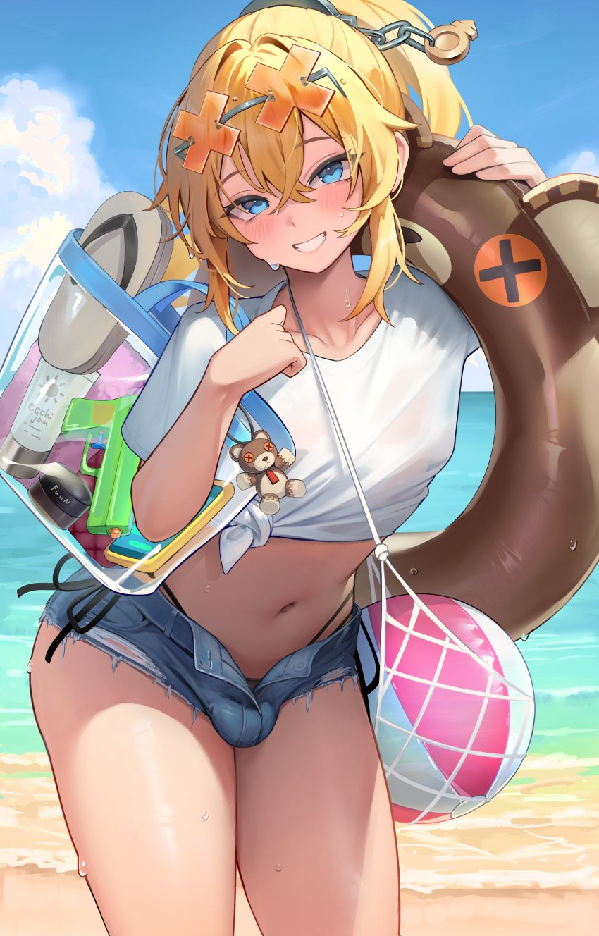 1boy absurdres alternate_costume alternate_hairstyle androgynous bag ball beach beachball bikini bikini_under_clothes blonde_hair blue_eyes blush bridget bulge cowboy_shot day denim denim_shorts eyewear_on_head grin guilty_gear guilty_gear_strive hakusyokuto highres holding holding_swim_ring innertube looking_at_viewer male_focus micro_shorts midriff navel ocean outdoors paid_reward_available ponytail shirt short_hair short_sleeves shorts shoulder_bag smile solo sunglasses sweat swim_ring swimsuit tied_shirt trap variant_set water wet white_shirt x-shaped_eyewear