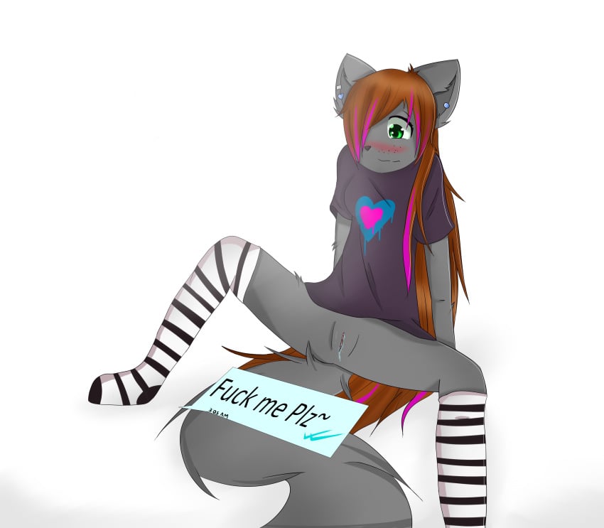 anthro blush bottomless canine clothed clothing cute dream_mirage emo flamewolf fox freckles hair heart hybrid kayla_kitsune knee_socks legwear long_hair mammal presenting pussy pussy_juice shy simple_background socks spreading stockings striped striped_legwear striped_socks stripes text wet wolf young